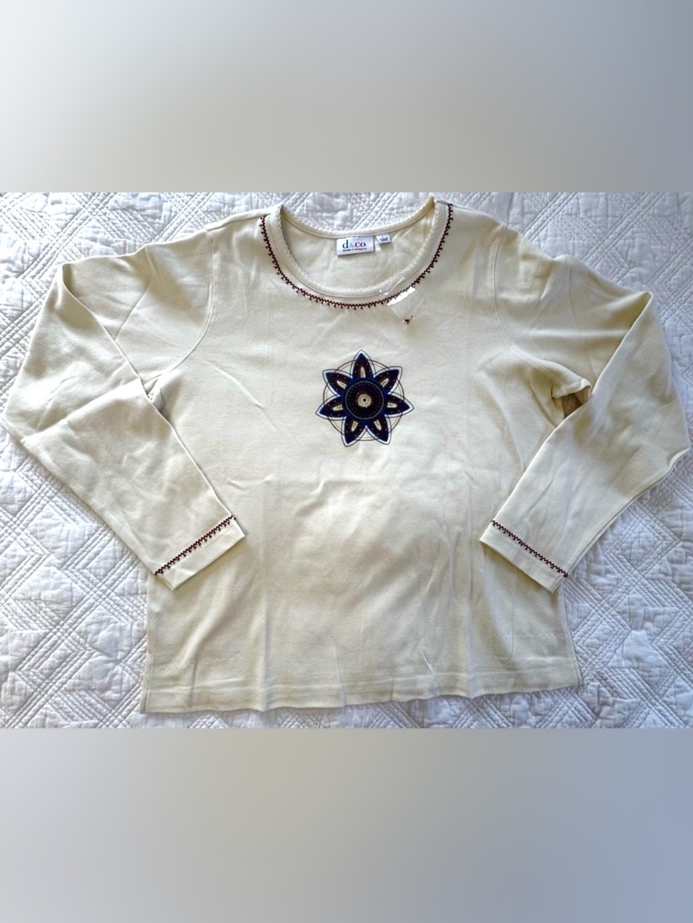 Denim&Co Cream Beaded Embroidered Cotton Long Sleeve Top Size Large NWOT